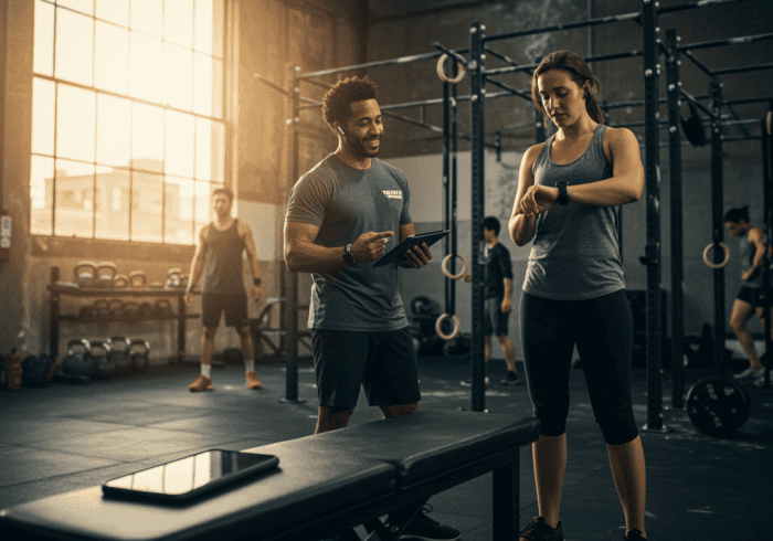 A trainer assisting a woman with workout tracking at a modern gym, highlighting fitness technology integration for improved health outcomes.