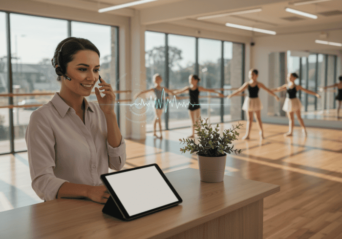 A friendly call centre agent with a headset monitors ballet studio classes, demonstrating AI-powered communication tools for dance studios and remote management solutions.