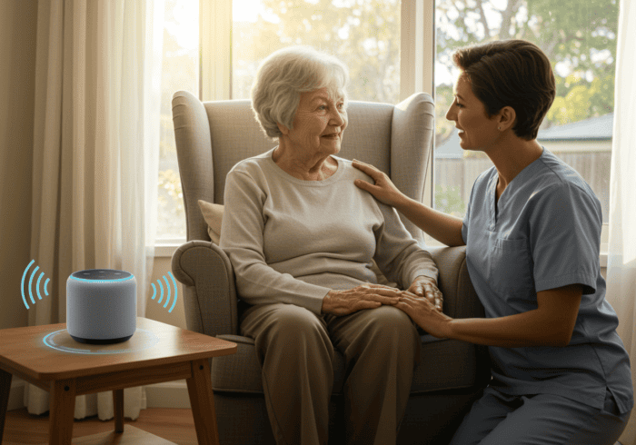 AiDial smart speaker assisting elderly care in a home setting.