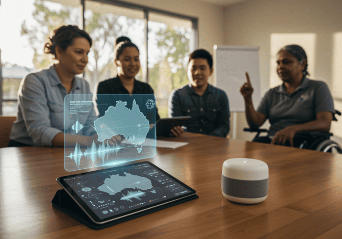 Advanced AI-powered call automation device with digital map of Australia and voice analytics, supporting inclusive communication for diverse teams.