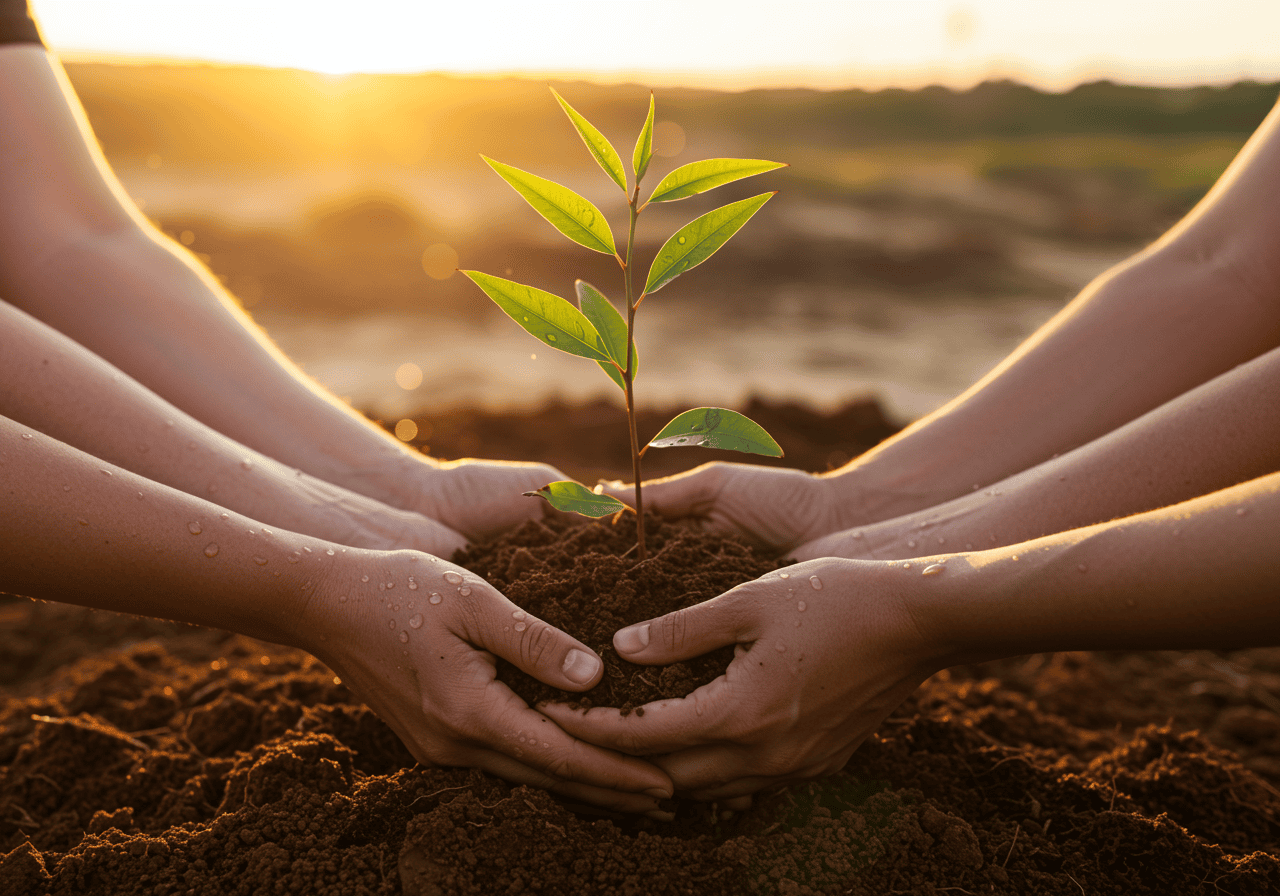 Young plant being nurtured by hands in soil at sunset, symbolising sustainability and environmental care.