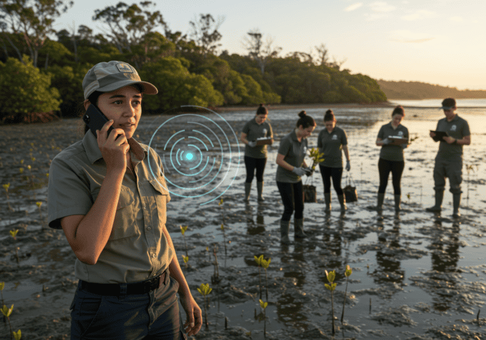 A group of environmental researchers studying mangrove ecosystems at sunset, using digital devices for conservation efforts, with a focus on sustainable environmental management.