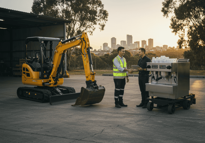 ai phone answering personal finance - Construction workers shaking hands near machinery at sunset, symbolising partnership...
