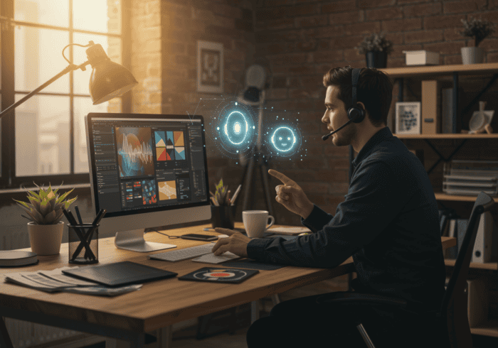 AI-powered customer service agent working on computer with holographic chatbot icons, in a modern office setting, illustrating AI chat automation and intelligent voice support.