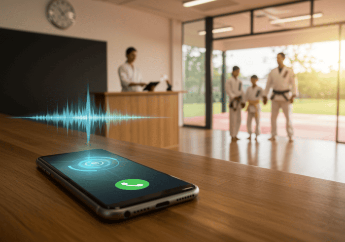 Smartphone with AI-powered call alert showing on the desk for karate class scheduling.