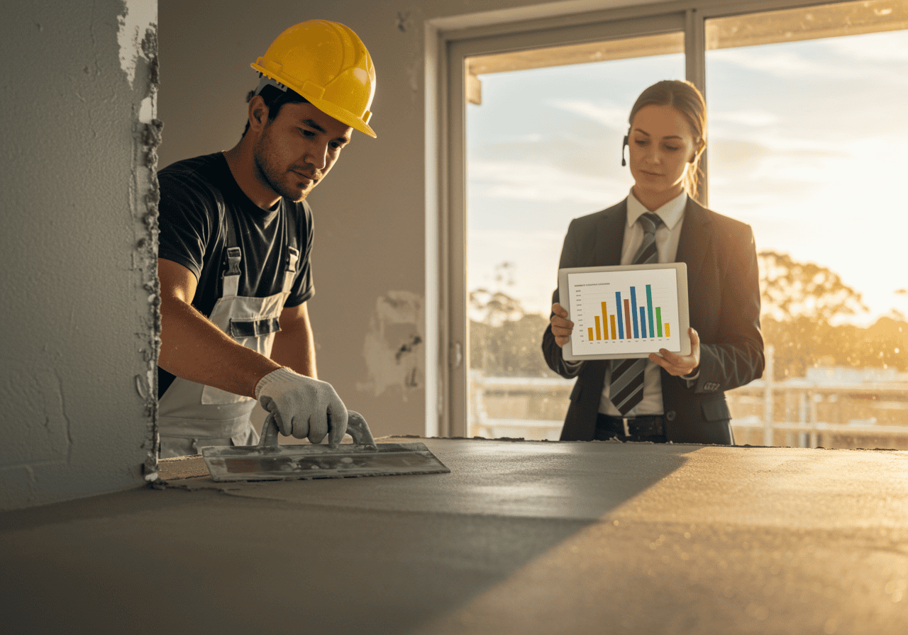A professional with a tablet analyzing construction progress while a male worker applies plaster, illustrating innovative construction technology and project management tools.
