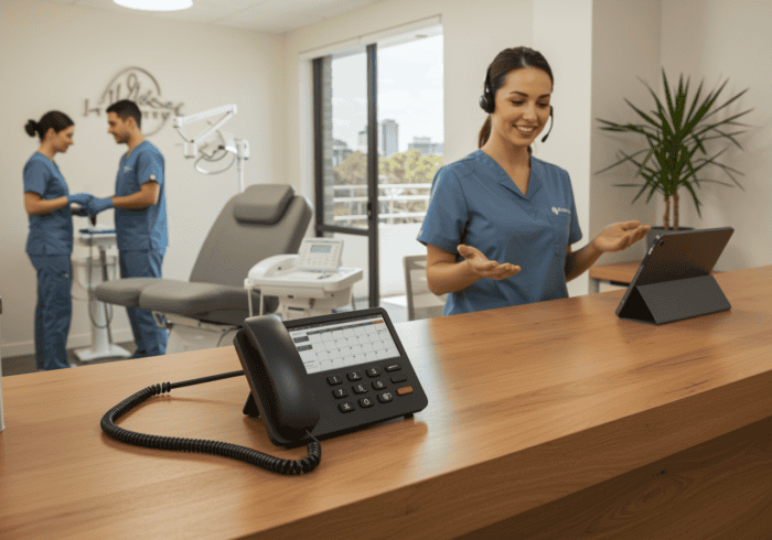 A healthcare professional using AiDial's advanced communication system in a modern medical clinic.