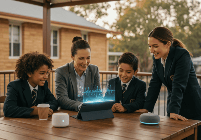 Alt text: School teachers and students using AI-powered communication devices on an outdoor porch, demonstrating AiDial technology for educational engagement and smart classroom solutions.