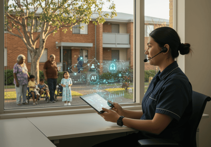 Close-up of a female customer service agent or healthcare worker using a tablet with virtual AI and security icons floating above, in an office setting overlooking a residential outdoor scene.