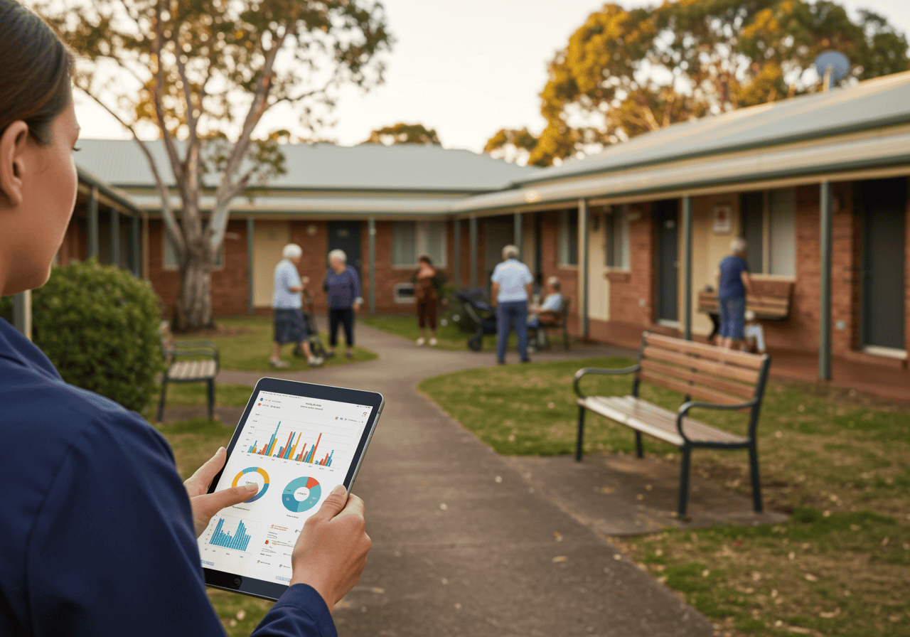A digital tablet displaying data analytics held by a caregiver outside an aged care facility with residents in the background, showcasing AI solutions for aged care management.