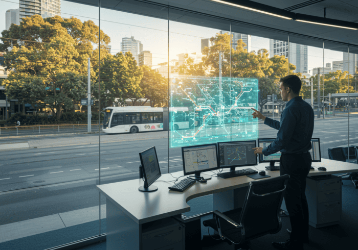 AI-driven city traffic management using advanced analytics and multiple computer monitors, focusing on transportation technology, urban planning, and smart city solutions.