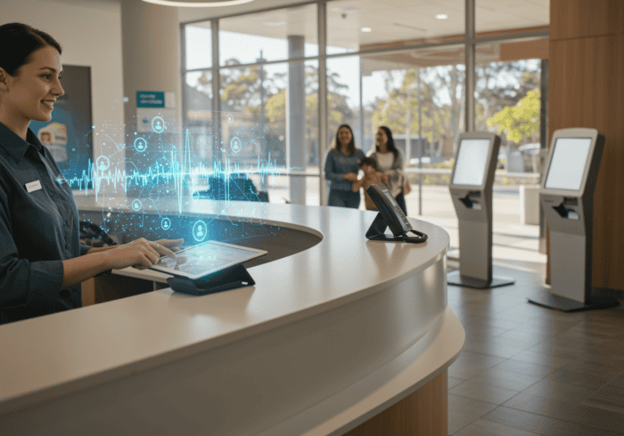 Alt text: Modern AI-powered reception kiosk with digital interface and virtual health data visualization, located in a bright, welcoming lobby with customers in the background.
