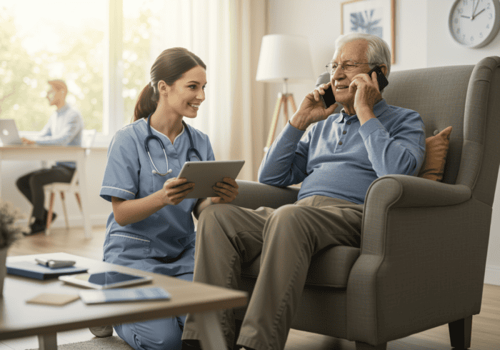 An elderly man receiving compassionate care from a nurse while talking on the phone, showcasing healthcare support and personal assistance for seniors.