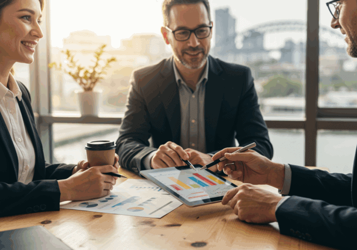 Efficient business team using AI-powered analytics on tablet for strategic planning and decision-making in a modern office setting.