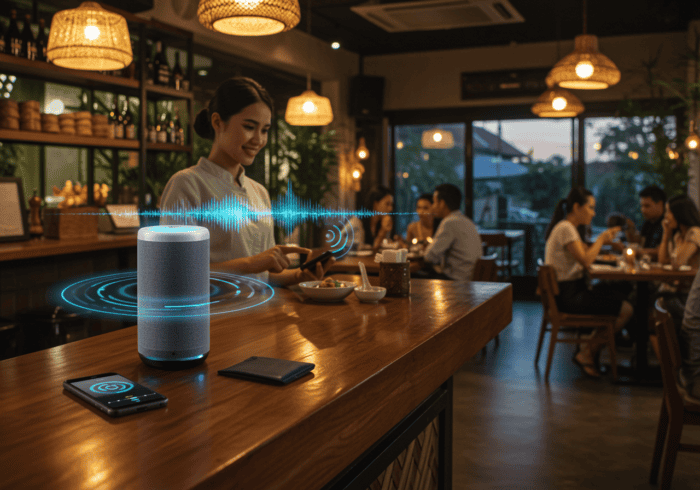 AiDial smart speaker with voice interaction for restaurants, offering improved customer engagement through AI-powered voice solutions in hospitality environments.