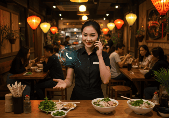 vietnamese restaurants vietn - Woman sitting at a table talking on a cell