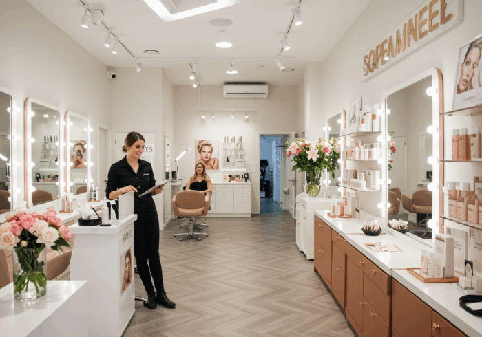 Modern Australian beauty salon interior with elegant styling area and professional beautician, luxury spa atmosphere