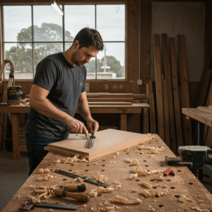 Craftsman sanding wooden panel in woodworking workshop with tools and wood shavings.
