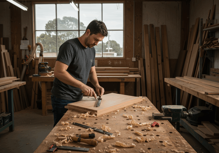 Craftsman sanding wooden panel in woodworking workshop with tools and wood shavings.
