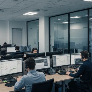 Professional call centre with multiple agents operating customer support and technical services using multiple monitors at modern office desk.