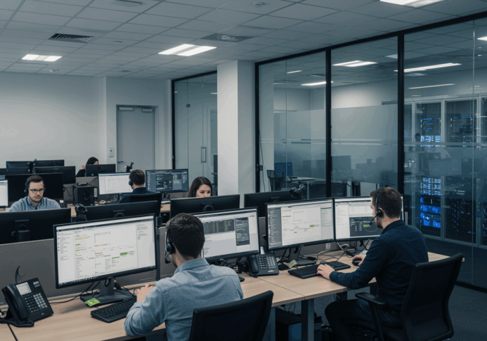 Professional call centre with multiple agents operating customer support and technical services using multiple monitors at modern office desk.