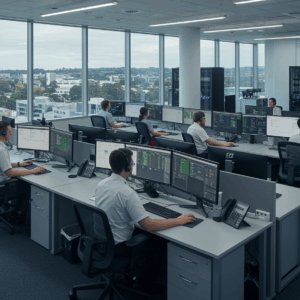 Highly detailed call centre with multiple operators using computers and headsets, monitoring and managing customer communications in a modern office environment with city views, symbolic of AI-powered customer service solutions.
