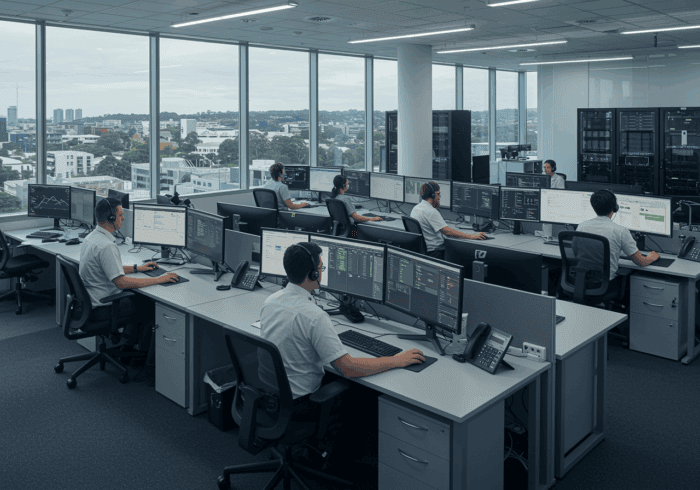 Highly detailed call centre with multiple operators using computers and headsets, monitoring and managing customer communications in a modern office environment with city views, symbolic of AI-powered customer service solutions.
