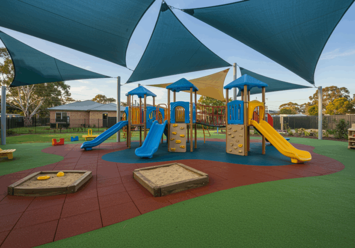 Colorful playground at Australian early learning centre, preschool and kindergarten outdoor play area