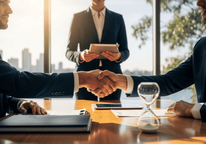 call center outbound services - Close-up of handshake between two businessmen during a professional agreement, with an off...