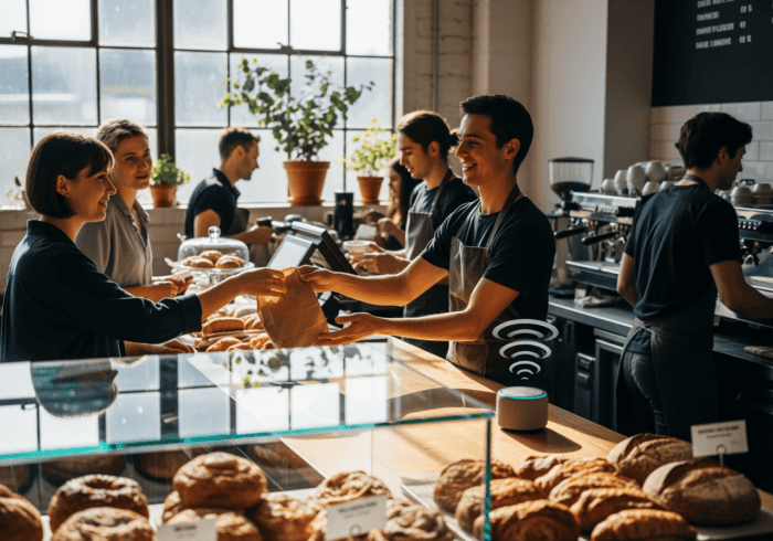 Friendly barista handing over coffee to a customer using contactless payment technology in a modern cafe setting.