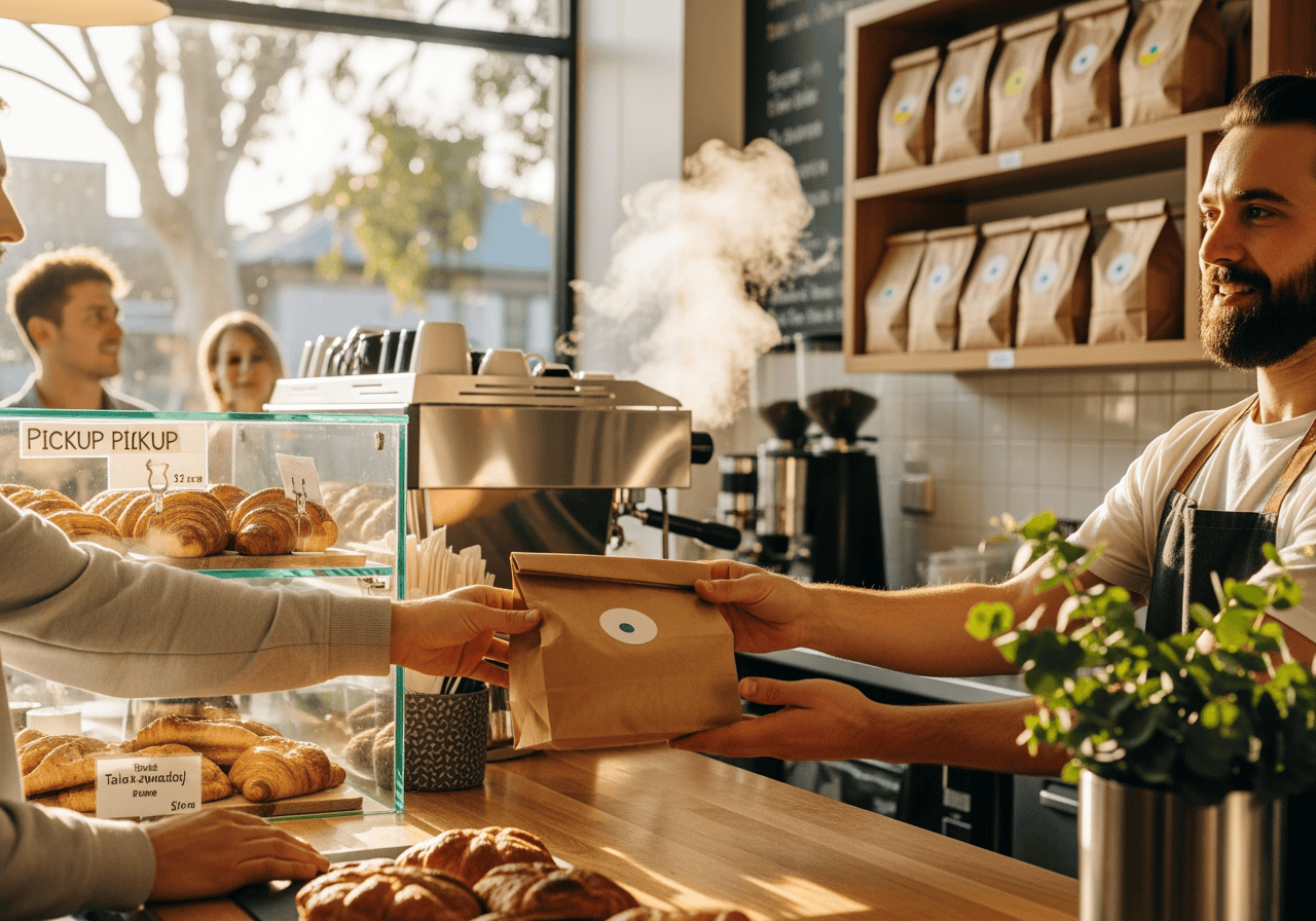 A friendly barista hands over a coffee order in a cozy café with fresh baked goods, coffee beans, and a warm atmosphere, perfect for takeaway company delivery and seamless customer service.