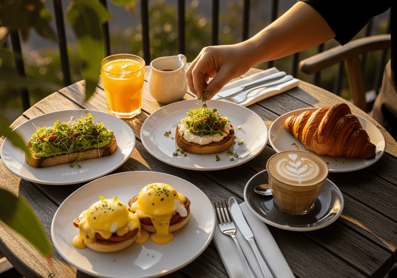 Alt text: A breakfast spread featuring eggs benedict, croissant, toast with avocado, coffee, orange juice, and a small pitcher, set on a wooden table outdoors.