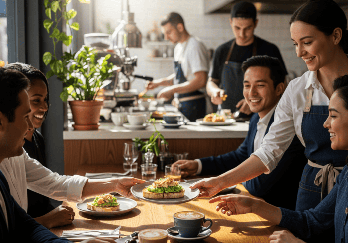 breakfast and brunch specialis - A diverse group of happy people enjoying brunch in a lively cafe, receiving food from fri...