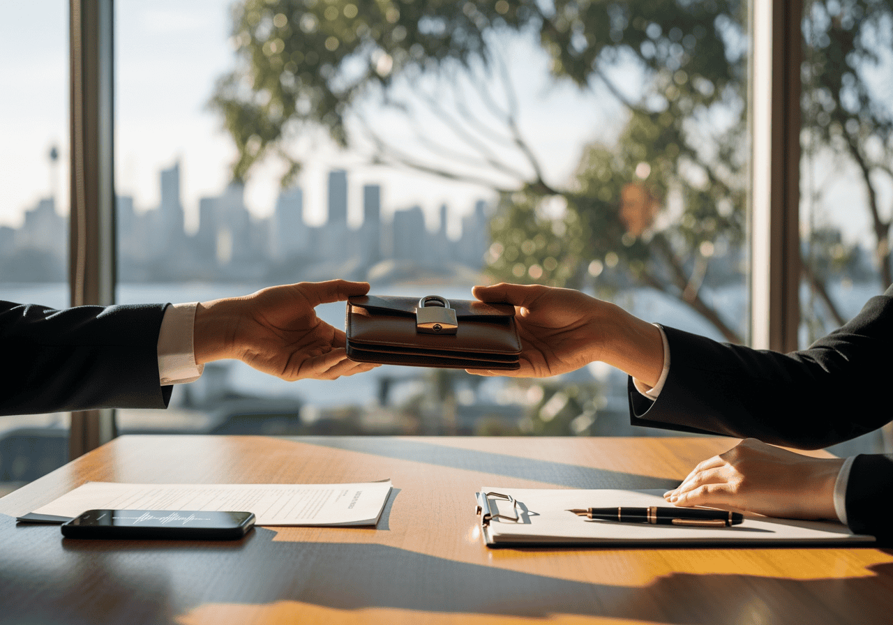 A professional handover of a leather-bound folder with important documents during a business meeting, highlighting corporate communication and confidentiality.