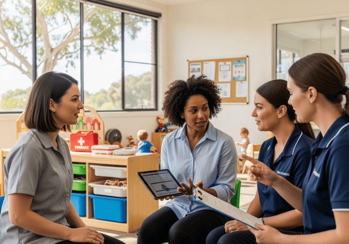 childcare tour booking phone service - A childcare center staff meeting involving nurses and educators reviewing children'...