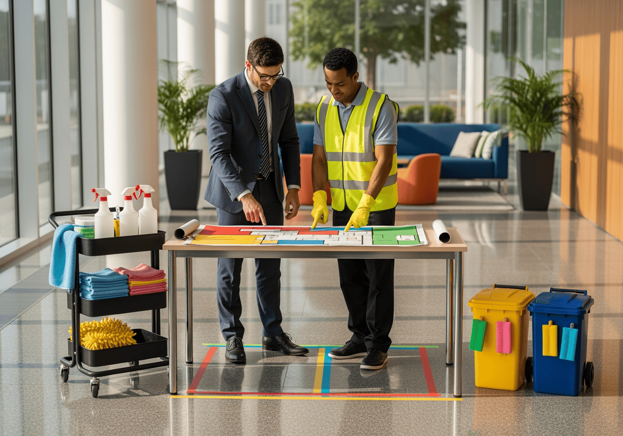 Cleaners reviewing floor plan for cleaning tasks with cleaning supplies nearby, in modern office environment.
