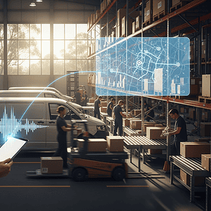 Advanced warehouse automation with AI-powered communication and data analysis for efficient supply chain management.