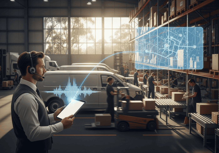 Advanced warehouse automation with AI-powered communication and data analysis for efficient supply chain management.