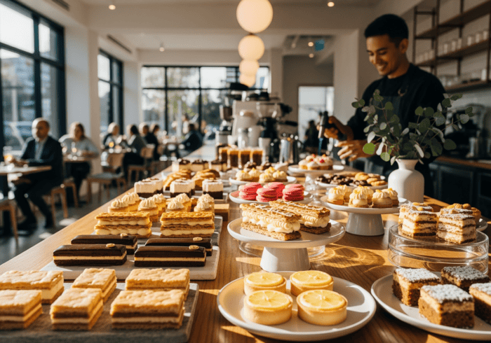 dessert bars and patisseries - A vibrant bakery display with assorted cakes, pastries, and lemon tarts on elegant plates i...