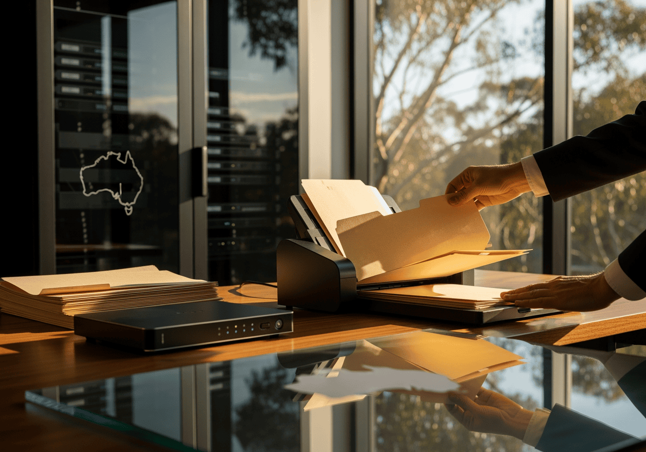 Alt text: Modern office with a person using an AI-powered document scanner on a wooden desk, highlighting AI-driven office solutions for streamlined workflows in Australia.