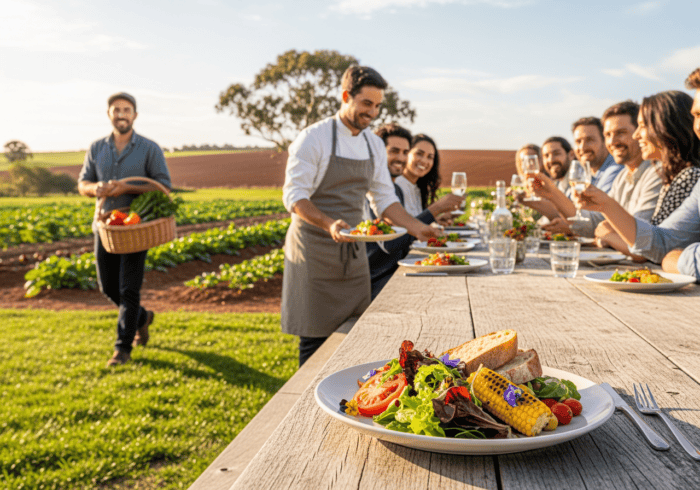 farm table restaurants - Elegant outdoor meal with fresh salads and vegetables.