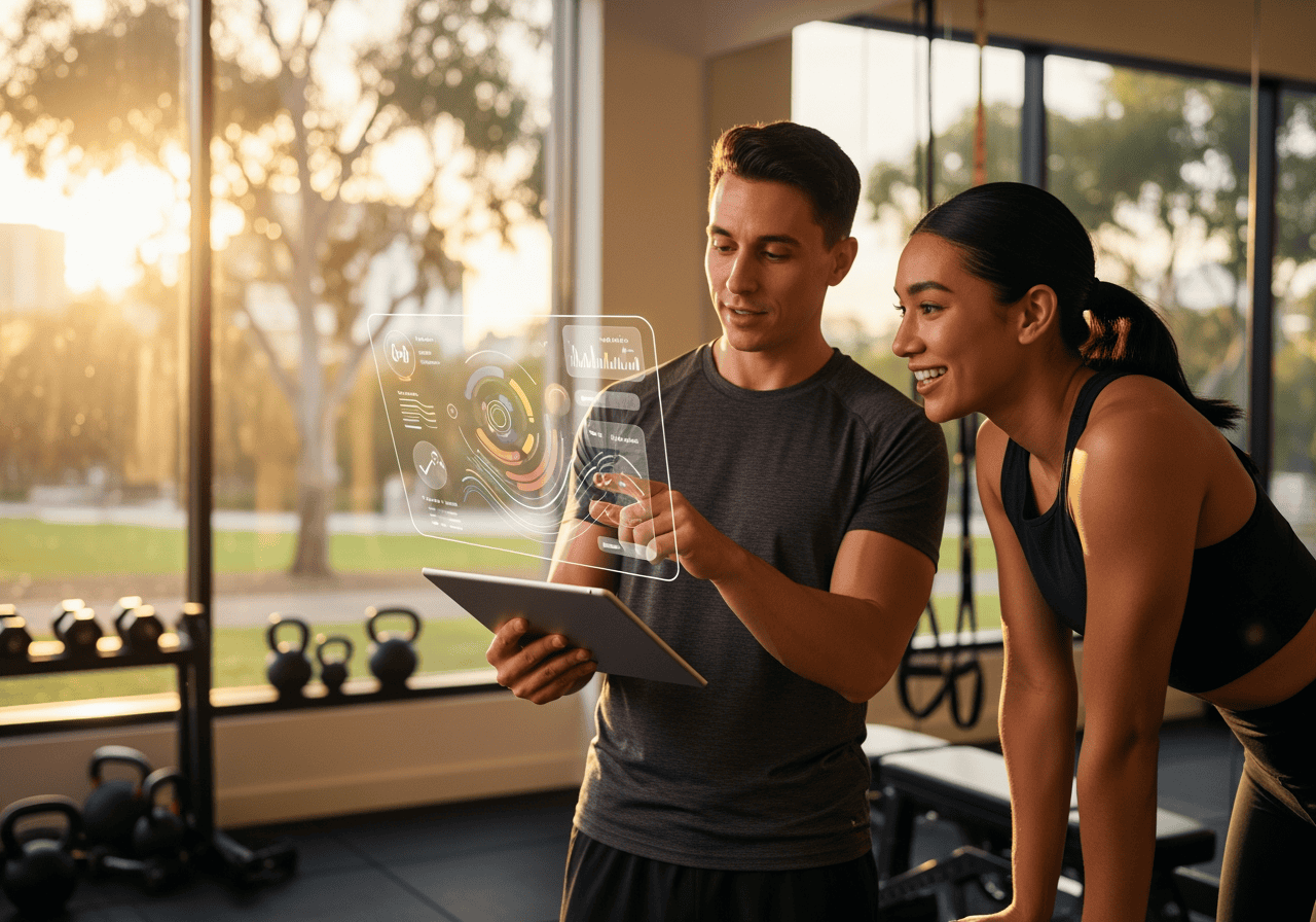 AI-powered fitness analysis with holographic display in gym setting.