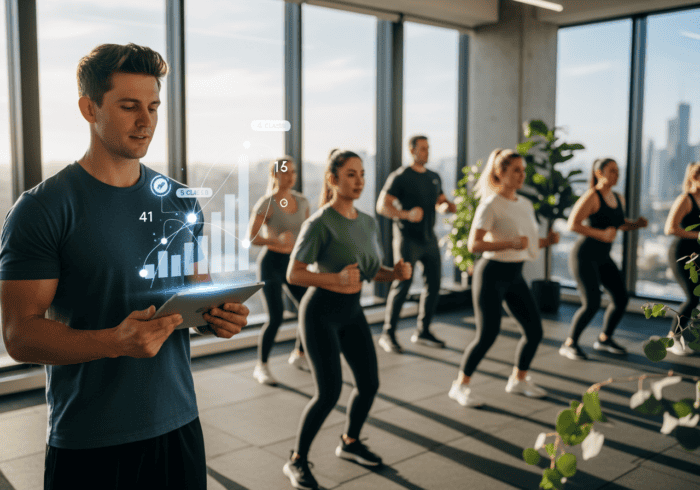 Modern fitness class with digital tracking and analytics.