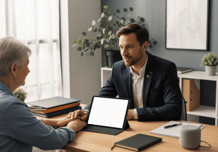 A professional business consultant meeting with an elderly client in an office, showcasing modern AI dial technology for customer engagement.