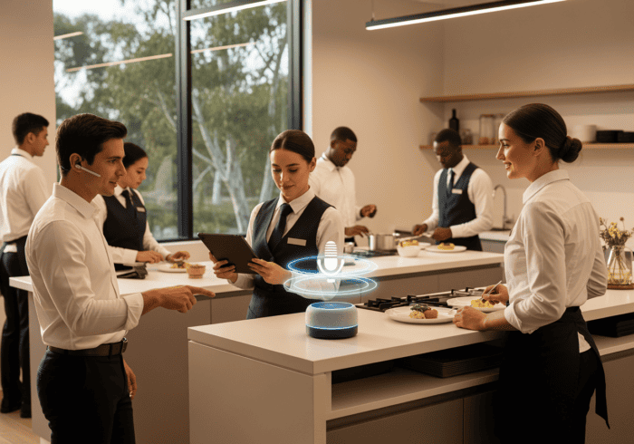 An AI-driven voice assistant facilitating staff communication in a professional kitchen environment.