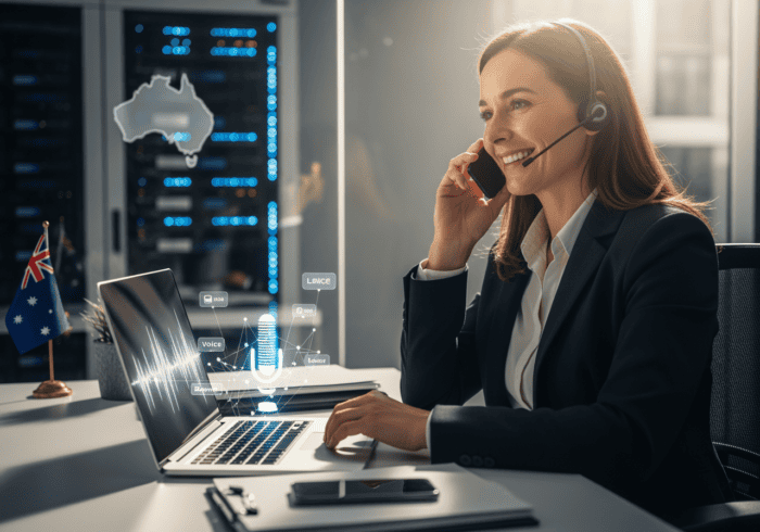 Customer service representative using AI-powered call analytics in an office, with digital voice and communication icons, Australian flag, and Australia map in background, highlighting AiDial's innovative technology.