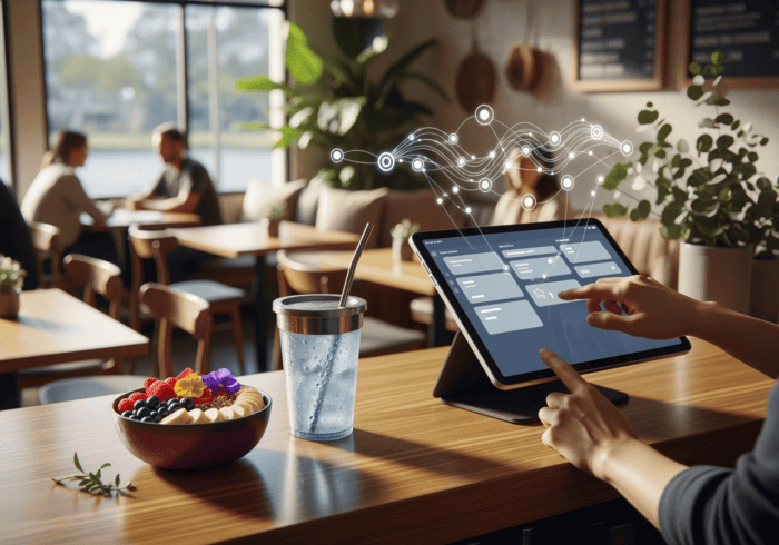 Alt text: Modern tablet with AiDial interface used for ordering in a cozy café setting, with customers in the background, highlighting AI customer service solutions for hospitality.