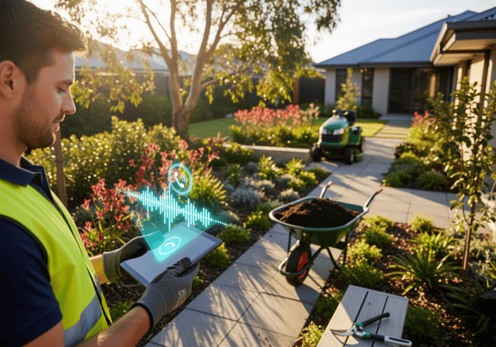 Image of a man using a smartphone with a voice call overlay in a well-maintained garden during sunset, illustrating advanced home security technology integration.