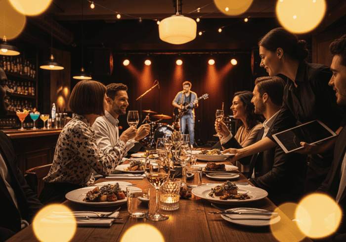 A group of people enjoying a dinner event with live band performance, cocktails, and elegant table setting in a dark, cozy atmosphere.