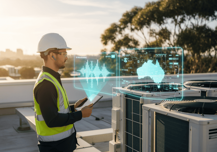 ALT text: Technician using a tablet with futuristic holographic interface showing digital data, charts, and Australia map, on roof with air conditioning units at sunset.